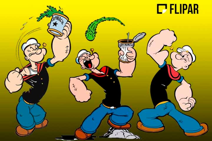Ao apertar uma lata e ingerir o vegetal, Popeye adquire força descomunal, fica musculoso e consegue derrotar o inimigo. 
