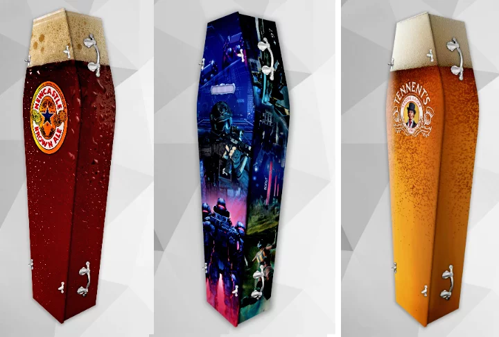 Para quem gosta de um chope e não quer abrir mão nem mesmo na hora do adeus, os caixões têm até o colarinho da cerveja. 