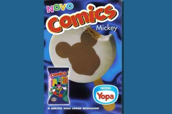 O icônico Comics tinha a silhueta do Mickey desenhada em um picolé redondo. Um atrativo para as crianças apaixonadas pelo universo da Disney, sobretudo nos anos 90 em que a programação infantil reinava na TV.