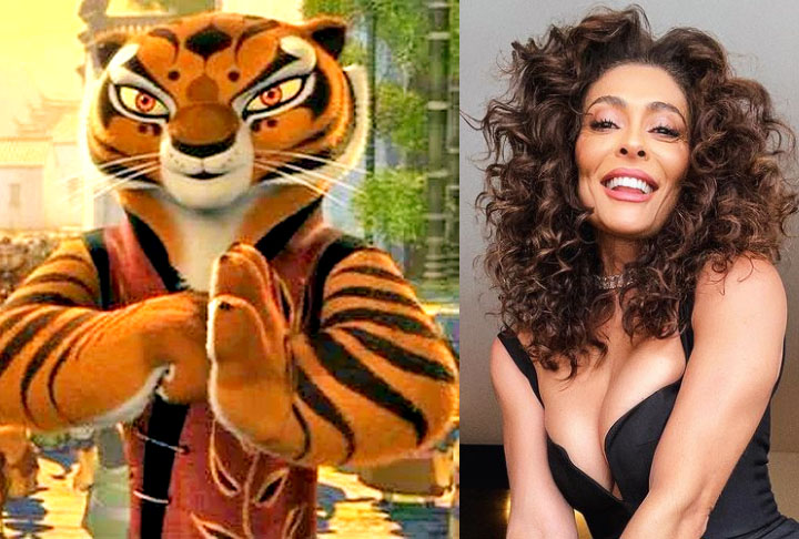 Juliana Paes / Mestre Tigresa - Kung Fu Panda (2008): No filme, a Mestre Tigresa é uma talentosa artista marcial que treina no Palácio de Jade ao lado de outros animais, incluindo Po, o protagonista panda.