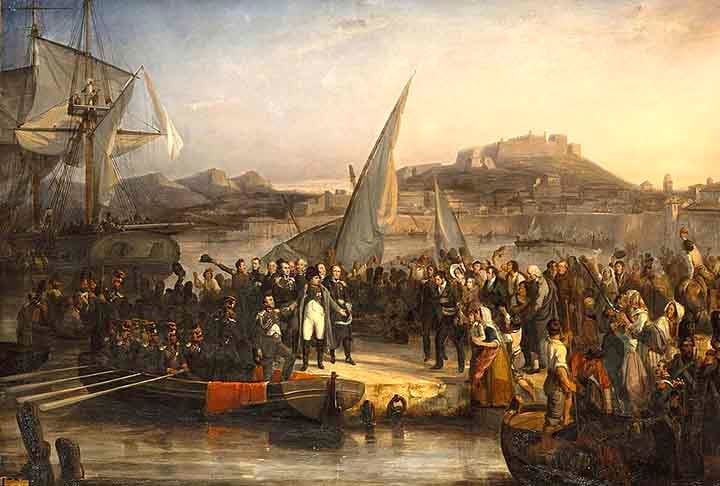 Em 1814, tropas reunidas por diversos países invadiram Paris e provocaram a primeira queda de Napoleão. O imperador abdicou e foi exilado na Ilha de Elba, no Mar Mediterrâneo. 
