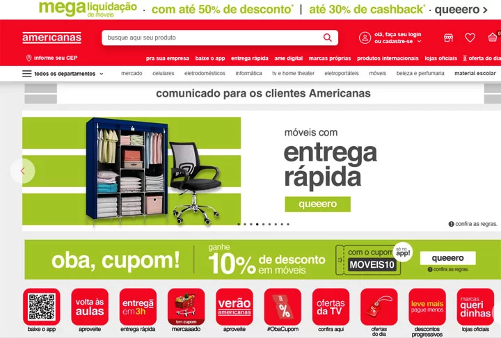 Pela internet, as vendas são feitas no site Americanas.com, e, além de negociar os produtos da própria rede, a companhia também tem parceiros que anunciam as mercadorias por intermédio da companhia.