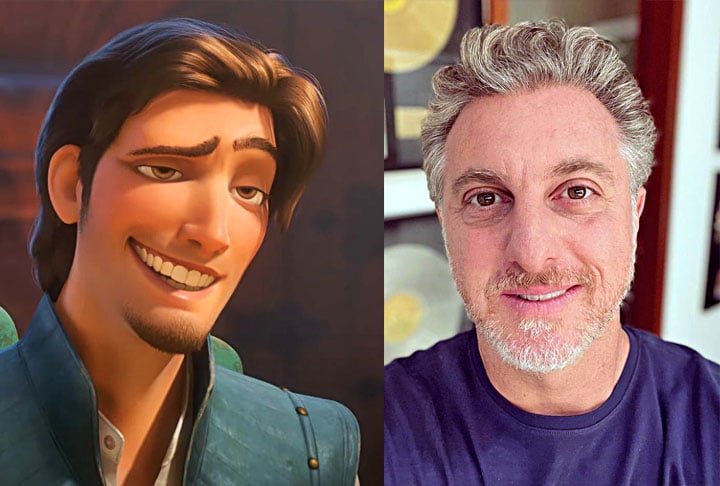 Luciano Huck / Flynn Rider - Enrolados (2010): Na trama do filme, Flynn Rider é um ladrão habilidoso e charmoso que se envolve com a princesa Rapunzel durante suas aventuras. 