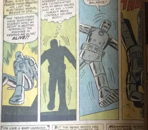 Ferido por um estilhaço de granada que se aloja perto de seu coração, Stark constrói uma armadura blindada movida a reator para escapar e salvar sua vida.