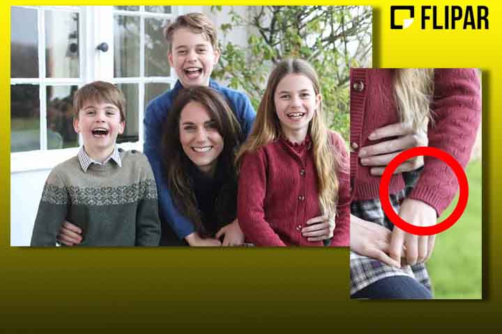 Na controversa imagem, a princesa aparece sem a aliança de casamento, o primeiro grande problema apontado pelos internautas. Além disso, a princesa Charlotte tem um borrão em sua saia e a manga de sua blusa parece ter sido brevemente apagada. Ainda é possível apontar problemas nas mãos do príncipe Louis e um zíper desalinhado na roupa de Kate.