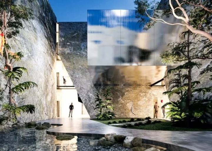 O traçado simula o percurso do rio e do mar. E incorpora uma grande rocha natural, semelhante a uma caverna, que leva as pessoas a uma área de lazer com piscinas e academia.