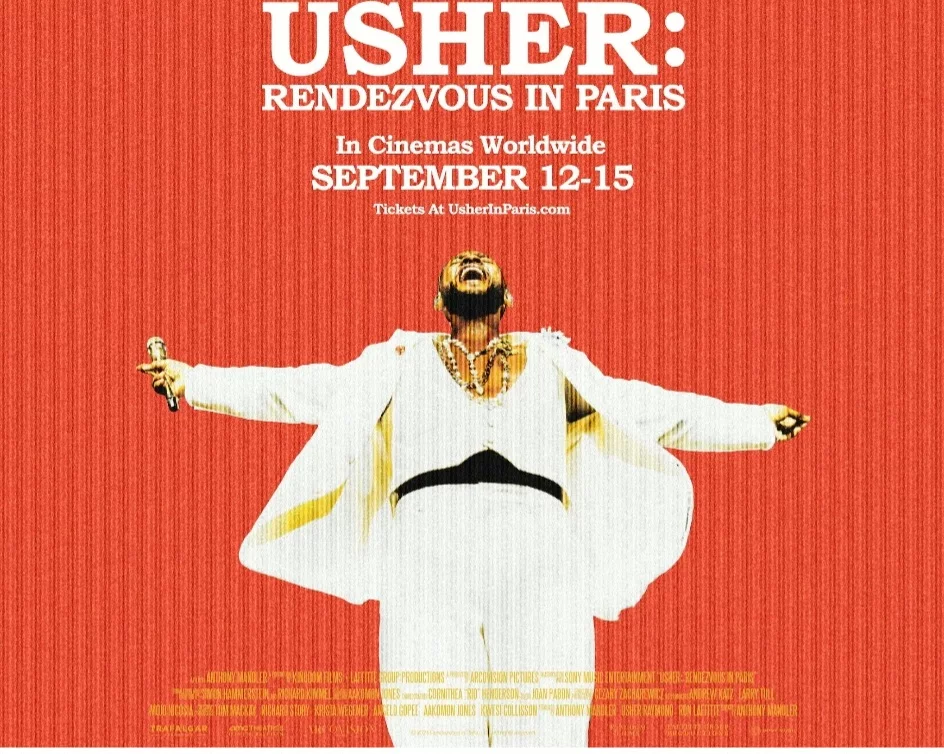 O filme-concerto “Usher: Rendezvous in Paris” vai estrear no dia 12 de setembro nos cinemas. A obra, que vai ser exibida em 2 mil salas pelo mundo, mostra imagens inéditas dos oito espetáculos realizados pelo astro em 2023, na La Seine Musicale, durante a Paris Fashion Week. 
