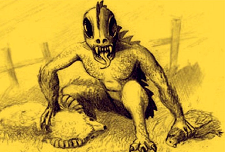 CHUPACABRA (Porto Rico) - Criatura que suga o sangue de animais, principalmente cabras. Há descrições de que  tem espinhos nas costas, do pescoço até a cauda, e pele escamosa. Também é conhecido no Brasil, México e EUA.