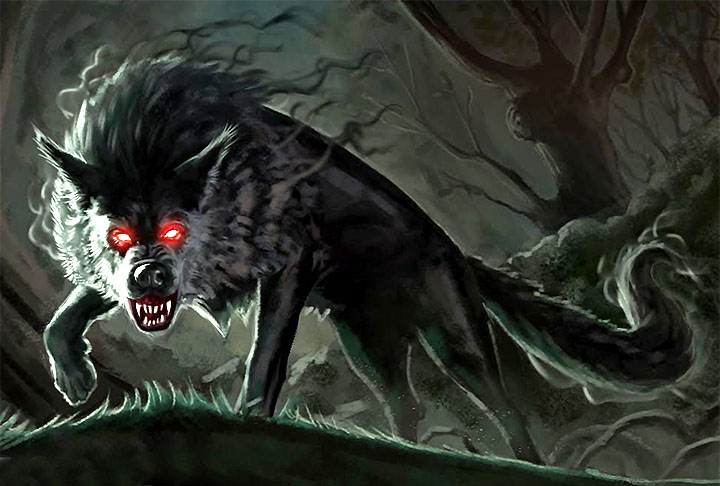 CÃO NEGRO (Inglaterra) - Dizem que Black Shuck é grande e peludo, vaga pelo leste do país durante a noite e, quando aparece para alguém, é presságio de morte. 