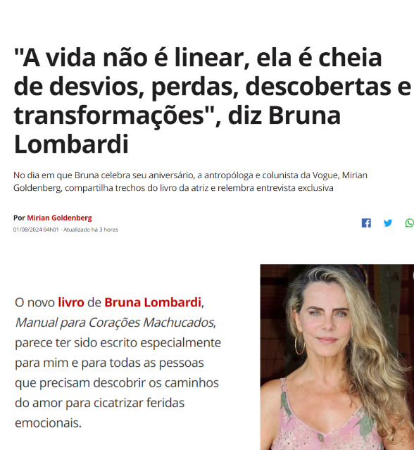 A atriz, escritora e poetisa Bruna Lombardi completa 72 anos nesta quinta-feira (01/08). Ela postou uma mensagem agradecendo à amiga que reproduziu na internet trechos de um livro que Bruna escreveu: 