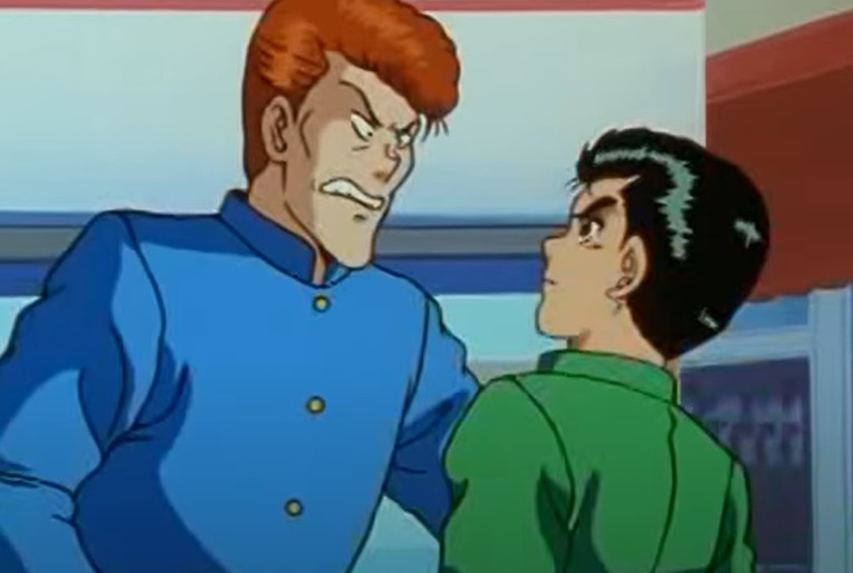 Yusuke vs Kuwabara - Anime: Yu Yu Hakusho - Yusuke é o personagem principal e Kuwabara está sempre querendo arranjar briga com ele para mostrar que é o aluno mais forte da escola, porém ele não consegue vencer nenhuma luta contra seu rival.
