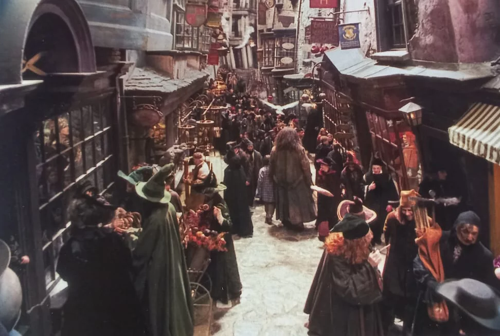 Na saga de Harry Potter, os bruxos novatos - e o próprio público - são apresentados ao universo fantástico da magia a partir do primeiro lugar que reúne os bruxos: o Beco Diagonal, chamado no original em inglês de Diagon Alley. 