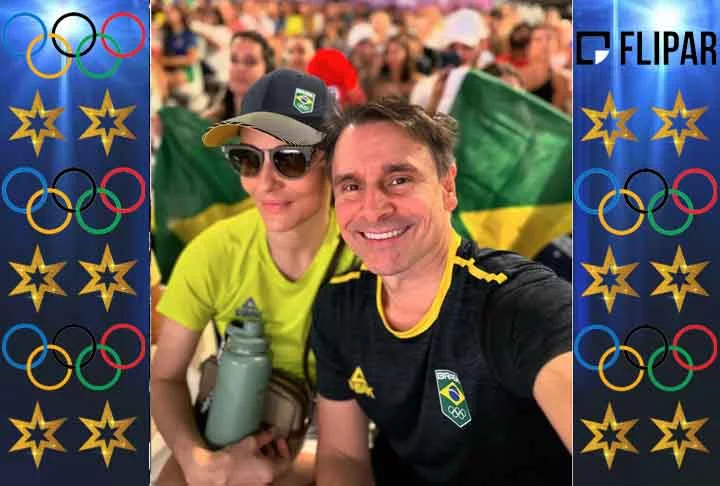 O ator Murilo Rosa foi à Paris acompanhado da esposa Fernanda Tavares. Ambos vestiram camisas do Brasil para torcer por nossos atletas nas competições. 