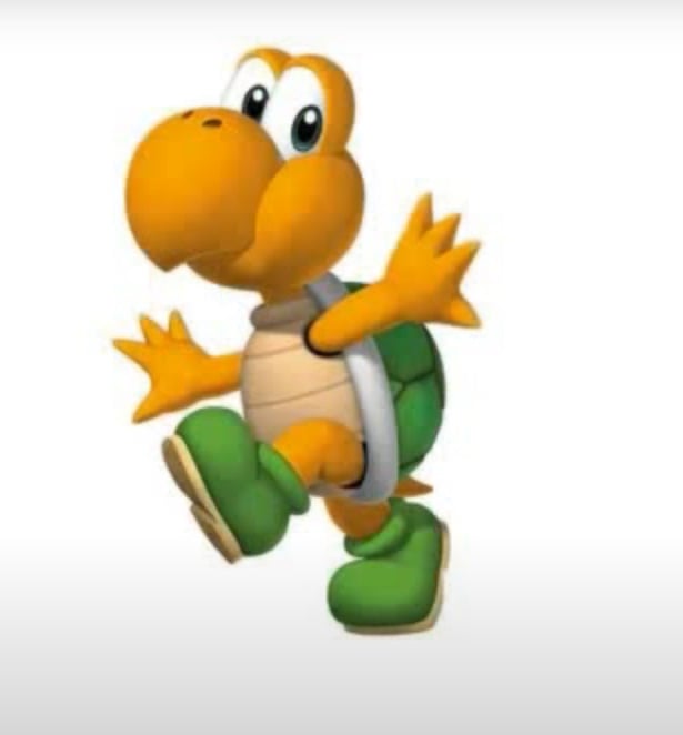 Nome do personagem: Koopa - Eles são figurinhas carimbadas numa jornada pelo universo de Mario Bros. São tartarugas que costumam ter cascos verdes (podem ter outras cores) e uma forma de derrotá-los é pular em cima deles!
