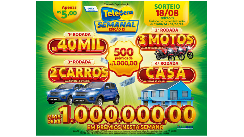 Tele Sena Semanal: resultado do sorteio de hoje, domingo, 18 de agosto de 2024 (18/08/24); mais de R$ 1 milhão em prêmios
