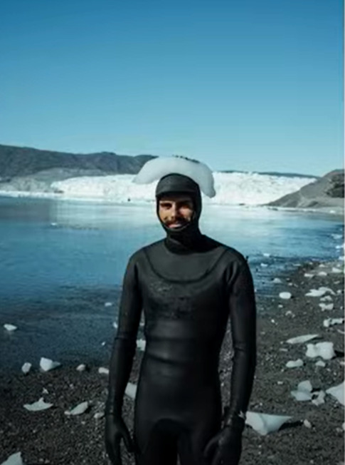 O surfista usou uma roupa especial para a prática do esporte, devido às baixíssimas temperaturas.  Celebrou a façanha e, bem humorado, posou para fotos com um bloco de gelo sobre a cabeça. 