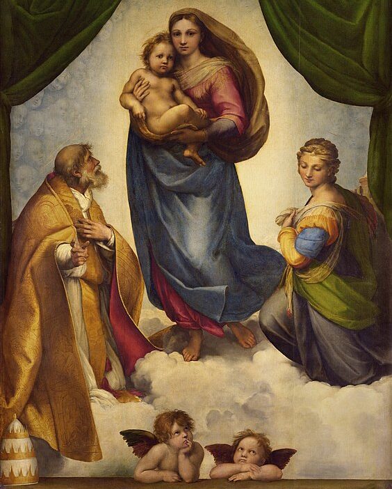 Já na pintura Madona Sistina, de Rafael, Virgem Maria surge sentada em um trono com o Menino Jesus em seu colo, próximos de São Sixto e Santa Bárbara.