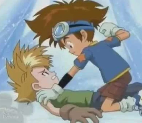 Tai vs Matt - Anime: Digimon - Tai e Matt são amigos e estão no mesmo grupo para combater o Mal, mas não são poucas as vezes em que eles brigam ou discutem entre si.