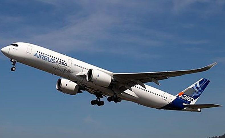 Airbus A350 - 945 km/h - É o primeiro avião fabricado pela Airbus com asas e fuselagem feitas principalmente com fibra de carbono e polímero. Leva até 440 passageiros e faz 15.300 km sem parada 