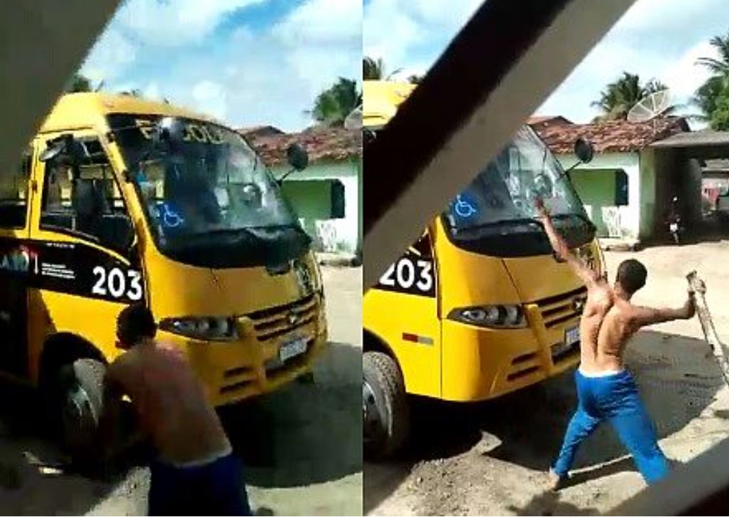 Em Coruripe, no litoral sul de Alagoas, um homem, irritado com o preço do gás de cozinha, começou a depredar um ônibus escolar em 25/4/2022. 