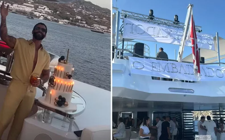 O cantor Gusttavo Lima festejou o aniversário de 35 anos com uma festança num navio de superluxo, cujo aluguel custa mais de 1 milhão de reais por dia. Celebridades participaram da comemoração. 