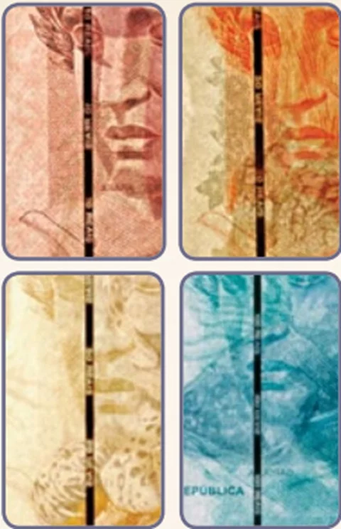 Neste fio escuro, estão escritos o valor e a palavra REAIS. Porém, o fio só está presente nas cédulas de 10, 20, 50 e 100 reais.