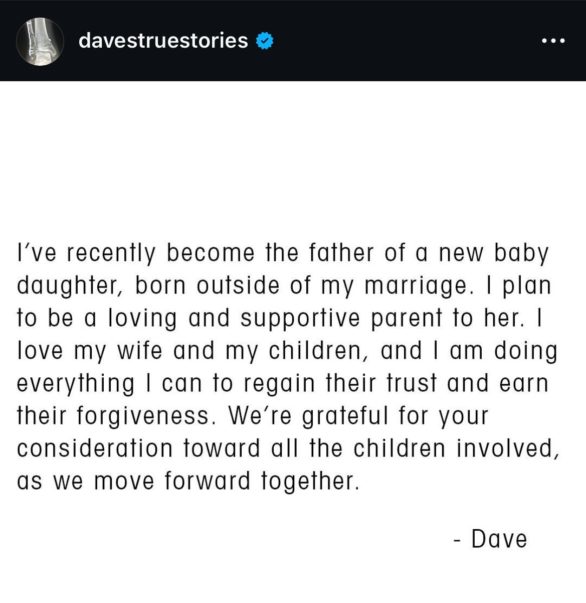 Eu amo minha mulher e minhas filhas, e vou fazer de tudo para reconquistar sua confiança e merecer seu perdão. Estamos gratos pela compreensão em relação a todas as crianças envolvidas, conforme caminhamos em frente juntos, completou.