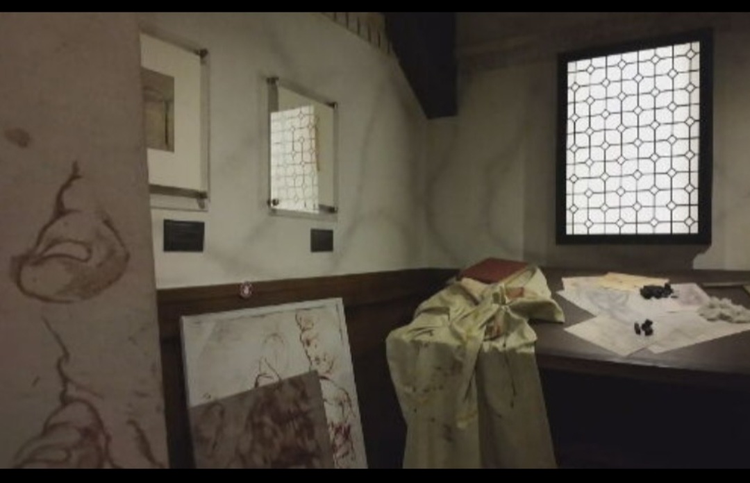 O espaço também reconstitui um ateliê de Michelangelo.  Seu período como artista foi de 1487 (quando começou a estudar escultura) até sua morte em 1564. Uma intensa atividade em esculturas, pinturas, arquitetura e projetos de engenharia.