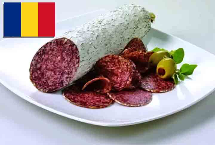 19º) Salam de Sibiu (Romênia) - É um tipo de salame tradicional da Romênia, originário da cidade de Sibiu, feito principalmente de carne de porco, que passa por um processo de cura e maturação que pode durar até vários meses. 