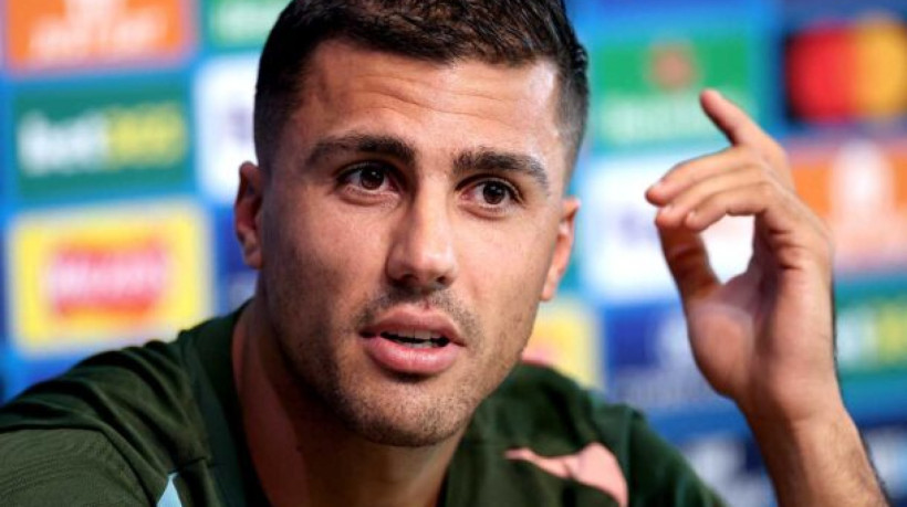 MANCHESTER, ENGLAND - SEPTEMBER 17: Manchester City's Rodri during the UEFA Champions League 2024/25 League Phase MD1 press conference at City of Manchester Stadium on September 17, 2024 in Manchester, England. (Photo by Carl Recine/Getty Images)