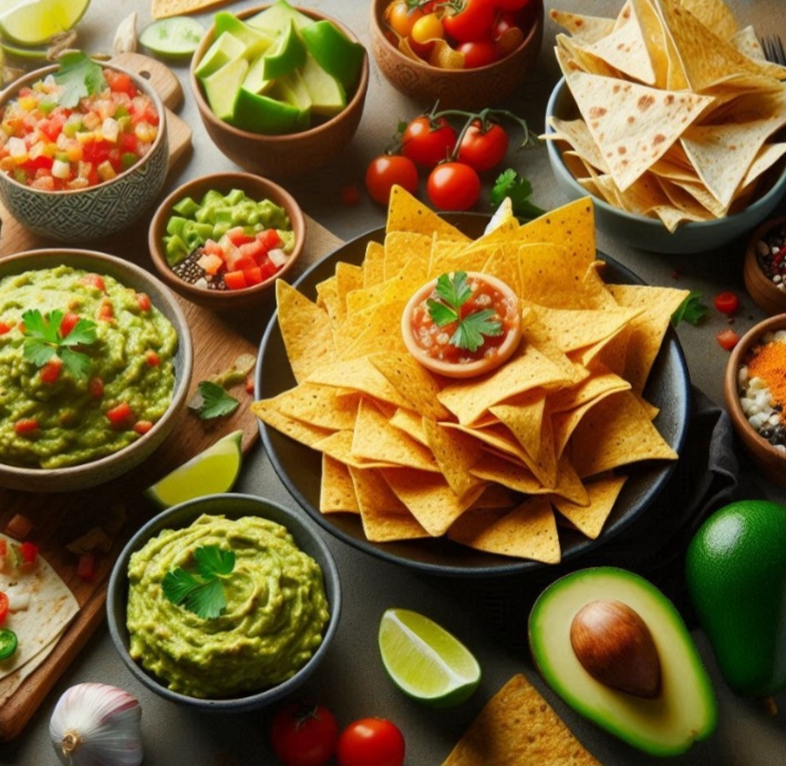 No México, os botanas são petiscos como guacamole, nachos e quesadillas, consumidos em festas e reuniões, incentivando a interação social.
