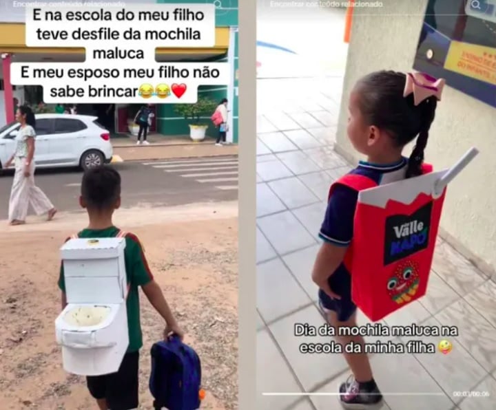 Vaso sanitário e suco: Enquanto um foi de privada nas costas, outra criança adotou uma mochila de suco Kapo, com direito a canudo e tudo!