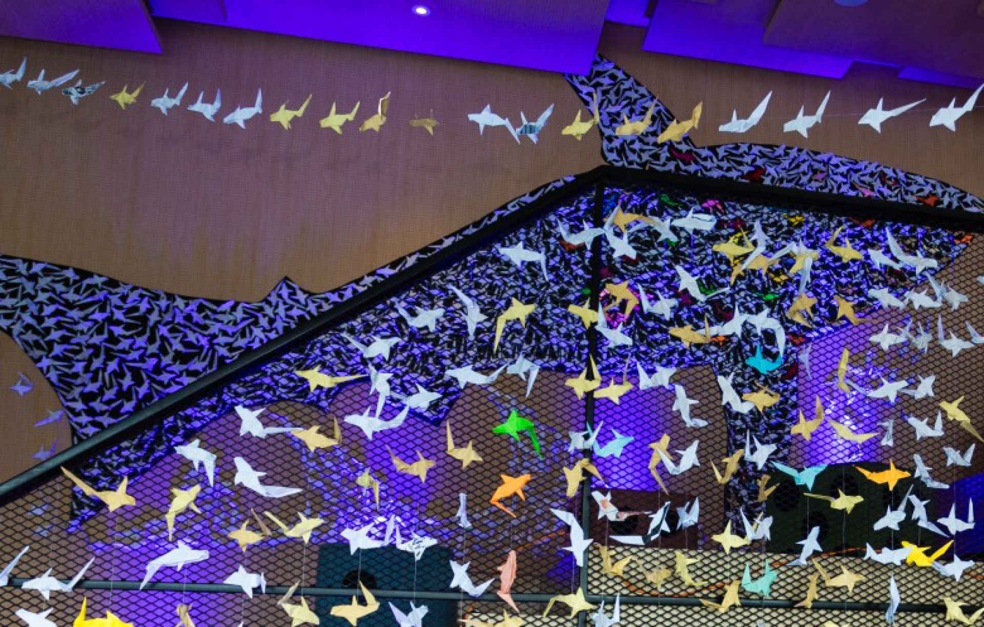 Mais de 12 mil peças de origami em formato de tubarões foram usadas para constuir a exposição em Cebu, nas Filipinas