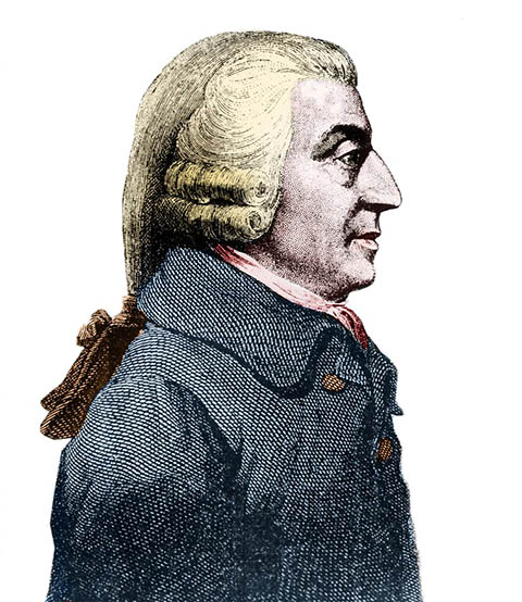 Autor de A Riqueza das Nações (1776), Adam Smith foi o primeiro a explicar conceitos como produção, preço e finanças públicas, numa época de surgimento da indústria. 