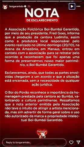 Mas o desfecho foi positivo para Ludmilla. A associação que cuida dos direiitos de imagem do Garantido desistiu de abrir uma ação judicial.contra a cantora. 