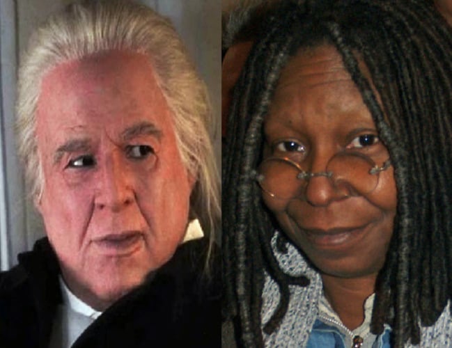 Whoopi Goldberg em O Sócio (1996): Nessa comédia dos anos 1990, a atriz, que é negra, mudou também de cor da pele. Por não ser respeitada pelos colegas de trabalho, sua personagem decide se disfarçar de homem branco.