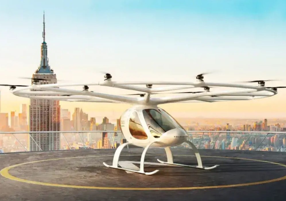 A aeronave da Volocopter é mais modesta em relação à apresentada pela Joby Aviation.