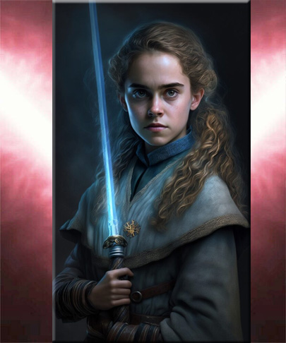 A genial Hermione Granger ganha um ar sério e incisivo ao segurar o sabre de luz. Coragem não lhe falta. Tornou-se uma Jedi. 