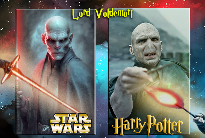 Aqui, a comparação do perfil do bruxo no universo de Star Wars com sua aparência na saga de Magia. 