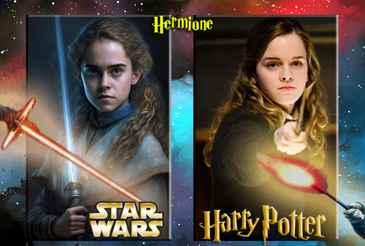 Compare a Hermione de Star Wars com a aluna brilhante da escola de Hogwarts. 