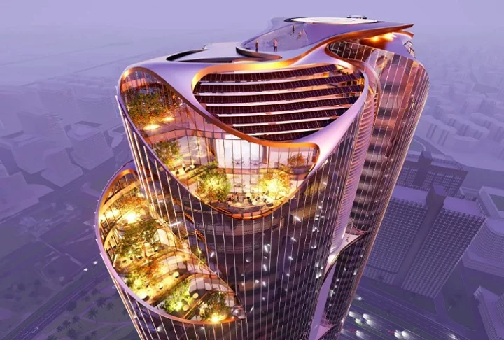 O destaque desse projeto é um arranha-céu de tecnologia avançada, projetado para ser o primeiro edifício do mundo certificado como carbono zero.