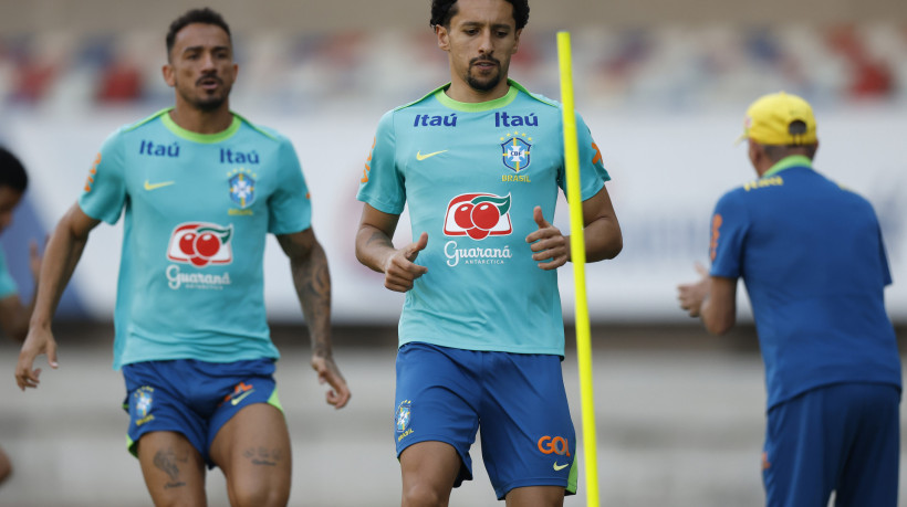 Zagueiro Marquinhos em treino da seleção brasileira no Estádio Mangueirão, em Belém
