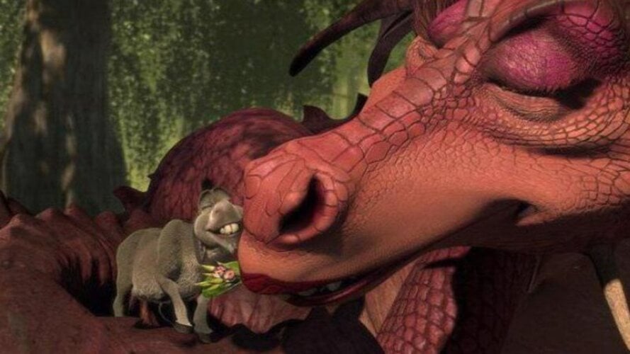 Dragão fêmea de Shrek - Essa é querida do público que curte a franquia de animação do Ogro. A fêmea se apaixona por Donkey, o burro amigo de Shrek, e eles têm até filhotes. 