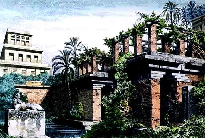 Jardins Suspensos da Babilônia - Pouco se sabe sobre essa maravilha do mundo antigo. Muito se especula sobre suas formas e dimensões, mas nenhuma descrição detalhada ou vestígio arqueológico foi encontrado, exceto um poço fora do comum que parece ter sido usado para bombear água.