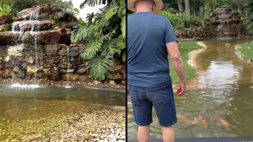 Janja postou registro que mostra a queda d'água e Lula de costas, usando chapéu, observando os peixes