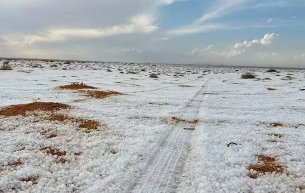 As dunas da cidade de Al-Jawf, no deserto de Al-Nafud, na Arábia Saudita, foram tomadas por neve no dia 03/11/2024. Segundo a Saudi Press Agency, uma chuva torrencial com tempestade de granizo formou camadas de gelo que cobriram a areia da região. 
