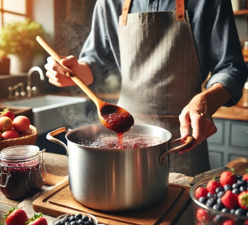 Para fazer geleias em casa, é recomendado usar panelas sempre grandes, já que a mistura irá borbulhar e expandir durante o cozimento. Por isso, tenha sempre uma panela específica para o preparo das geleias 