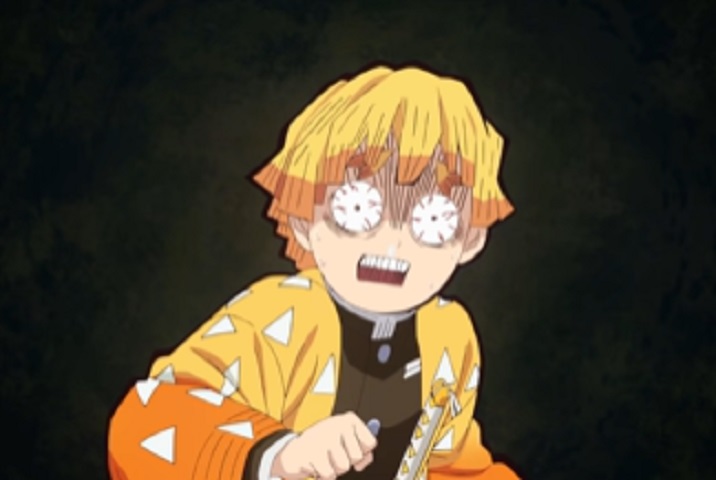 Personagem: Zenitsu, anime: Demon Slayer: Kimetsu no Yaiba - Sua postura defensiva e seu jeito covarde muitas vezes nos fazem esquecer que ele tem um enorme poder e que é um dos personagens mais velozes e ágeis de Demon Slayer.