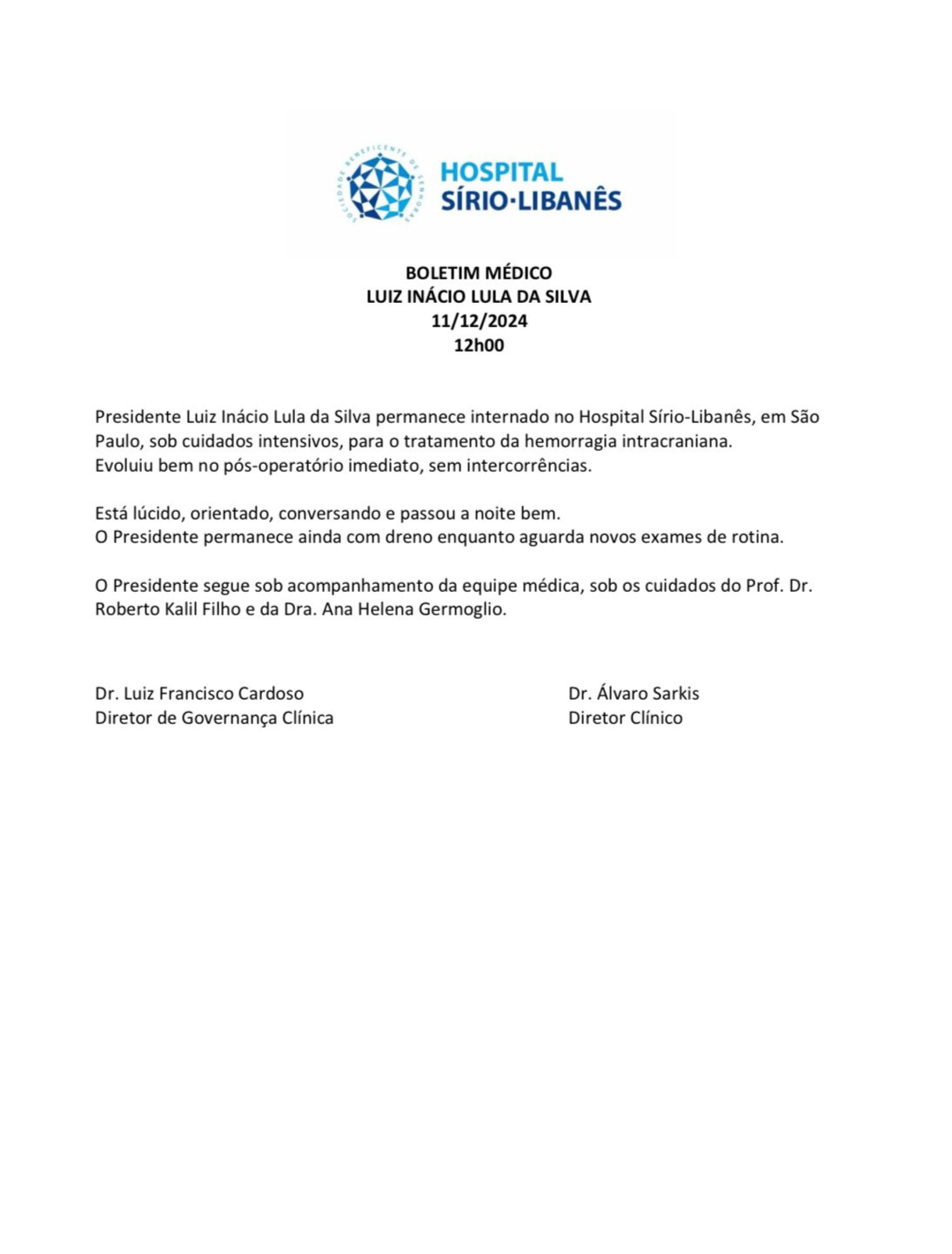 Boletim m&eacute;dico de Lula