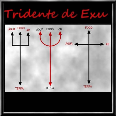 O símbolo de poder do tridente também caminha ao lado de Exu, o senhor que domina todos os elementos que estão simbolizados em cada ponta do objeto: água, fogo e ar.